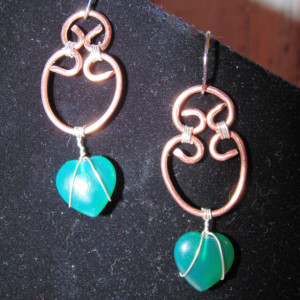 Drop Earrings, Wire Wrapped, Natural Copper and Sterling Silver with Agate Hearts