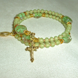 Rosary Bracelet of Green Glass Beads and Gold Findings