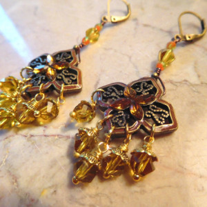 Amber color crystals bracelet /earrings set using bronze color flower connectors #BES00120