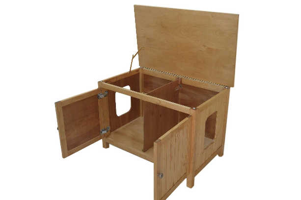 Double-Sided, Divided, Odor Free, Hand Made in USA, Wood Cat Litter Box Cabinet. Hinged Lid. No Assembly Needed. Not MDF