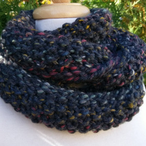 Charcoal Gray Wool Infinity Scarf with Pops of Color
