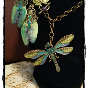 Dragon Fly Pendant and Earrings in Bronze and Faux Enamel