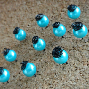 x10 Rose Topped Pearl Push Pins Tacks in Light Blue