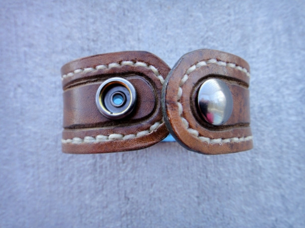 Distressed Handstitched Brown Leather Cuff