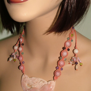 Carved Pink Opal Goddess Macrame Choker Necklace NM-003
