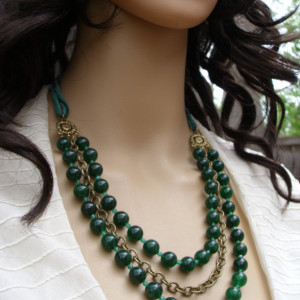 Triple Strand Dark Green Jade and Brass Necklace