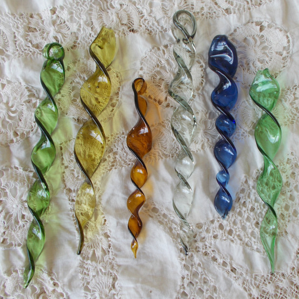 Hand Blown Glass Icicle Ornaments, Set of Six Upcycled from Recycled Wine, Beer and Soda Bottles