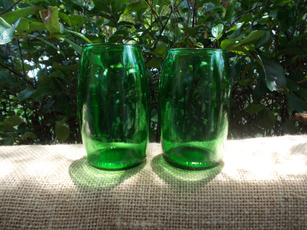 Set of Two Green Juice GlassesRepurposed Perrier Bottles, Recycled and Upcycled into Juice Glasses