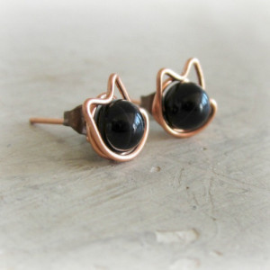 Black Cat Stud Earrings, Copper Wire Wrapped Posts, Halloween Earrings, Black Onyx Studs, Kitty Cat, Black Cat Earrings,Copper Stud Earrings
