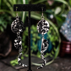Polymer lace lunar cycle dangly earrings
