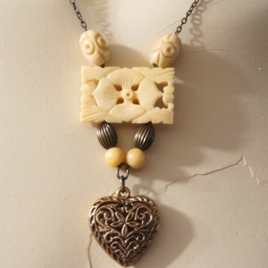 OOAK Vintage Carved Bone Flower Heart Pendant  Sautoir Necklace