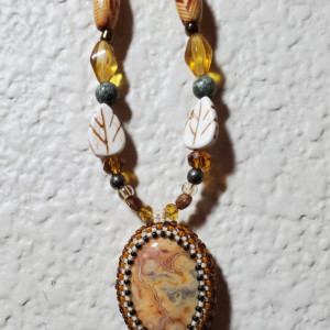 Necklace - Crazy Lace Agate Set in Glass Beaded Bezel, ID - 262