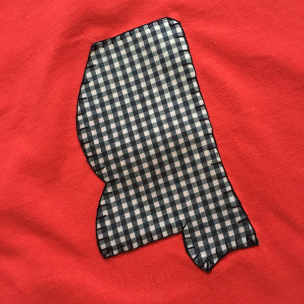 Red T-Shirt or Onesie with Hand-Embroidered Blue Gingham Mississippi Applique