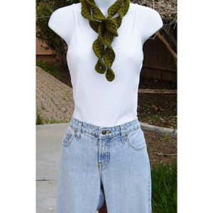 Women's Solid Dark Olive Green Skinny SUMMER SCARF Small Soft Spiral Knit Narrow Lightweight Twisted Crochet Knit, Ready to Ship in 2 Days