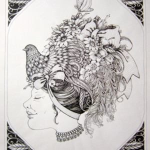 Pen & Ink Drawing of lady in an elaborate, fantastical HAT!