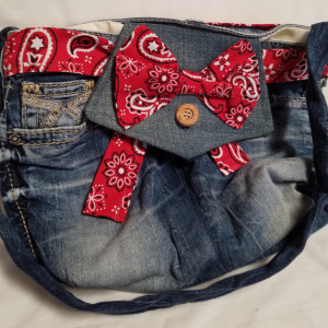Red Paisley-Eco-Friendly-Reclaimed Denim Jean Shoulder Handbag/Purse/Messenger Handbag, Fully Lined, a great gift for women, ready to ship