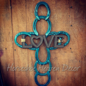 Horseshoe Cross Love cross Turquoise blue, Blue metal art, Turquoise Blue western Cross, Blue country color, wedding gift,housewarming gift