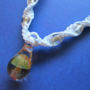 Handmade White Hemp Necklace with Awesome Hand Blown Glass Beige Mushroom Pendant and Matching Glass Beads