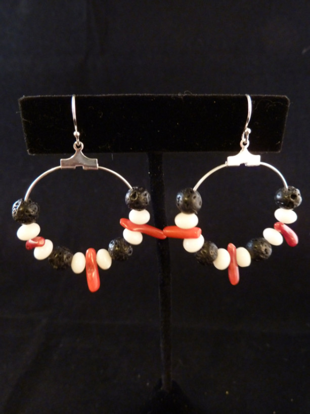 Red Branch Coral, White Coral Beads, and Black Lava Bead Hoop Earrings