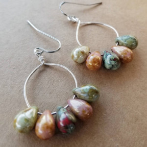 Earthy glass earrings, silver earrings, czech glass teardrops, small hoops,handmade earrings, jewelry,gifts for her, brown,green,red earring