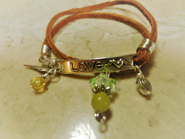 Brown Suede/leather wrap bracelet with silver tone love link and charms, heart, angel wing, yellow jade stone charm #B00236