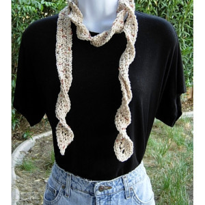 Women's Light Natural Brown Skinny Crochet Knit SUMMER SCARF Small Soft Cotton Spiral Knit Narrow Lightweight Beige Crocheted Necklace Ready to Ship in 2 Days