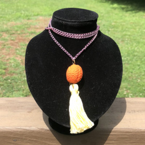 Upcycled Orange Brain Eraser Toy with Tassel Necklace - Brain Jewelry - Tassel Necklace