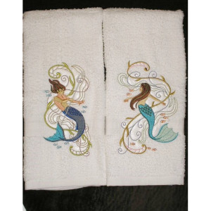 6 piece Set BATHroom towels - Mermaid & Merman - his and hers embroidered bath towels mermaid decor nautical theme other colors available