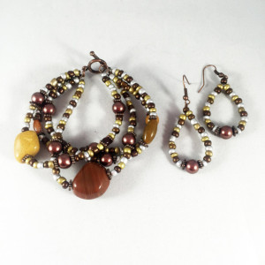 Brown, silver copper and gold glass quadruple strand bracelet and earrings set
