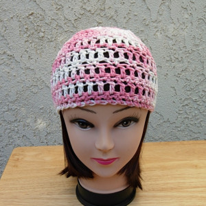 Pink and White Summer Beanie, 100% Cotton Lacy Skull Cap, Women's Crochet Knit Beach Hat, Lightweight Chemo Cap, Ready to Ship in 3 Days