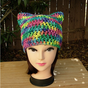 Women's or Men's Colorful Rainbow Summer Pussy Cat Hat 100% Cotton Lightweight Blue Yellow Green Pink Purple Crochet Knit Thin Beanie, Ready to Ship in 3 Days