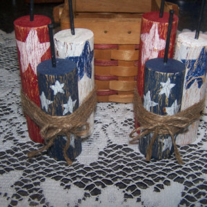 Set of 2 Wood Americana Firecracker Shelf Sitters, Rustic July Fourth Bowl Fillers, Primitive Ornies, Hand Painted Red, White, & Blue