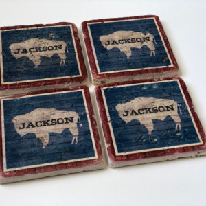 Jackson Wyoming Barnwood-Look, Wyoming State Flag, Natural Stone Coasters Set of 4 with Full Cork Bottom