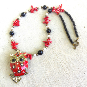 Natural coral sticks, black agate onyx, glass and bronze owl necklace & earrings