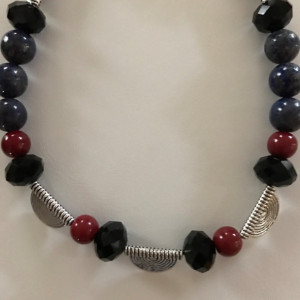 Silver Plated Black Glass, Blue & Red Acrylic Necklace