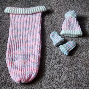 Loom knit baby cocoon, loom knit baby hat, and loom knit baby hand mittens