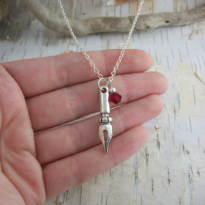 Silver Pen Nib Crystal Charm Necklace - Writer Gift - Author Gift