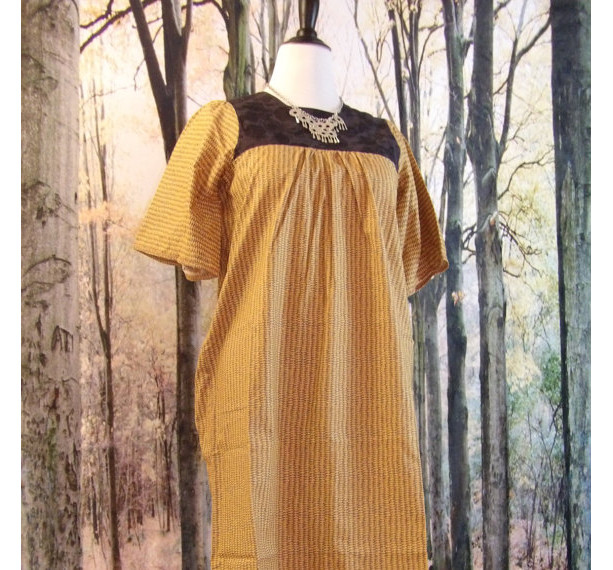 Handmade Rustic Yellow Women's Dress with Black Yoke 