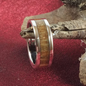 size 7 pinecone wood ring, stainless steel core with stainless steel edges, 7mm band width