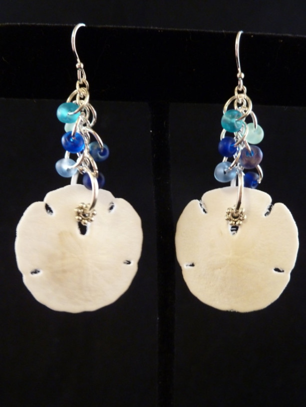 Sand Dollar with Blue Sea Glass Cluster Earrings