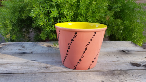 Peachy Pink and Yellow Ceramic Pot with Black Hand-Drawn Design