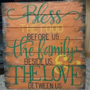 Bless the food before us sign, dining room blessing, rustic kitchen wood sign, pallet large bless the food family and love prayer decor