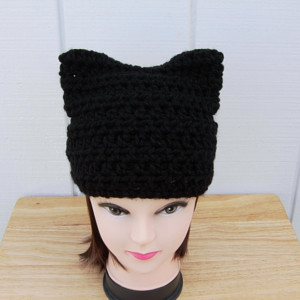 Solid Black Pussy Cat Hat with Kitty Ears, Handmade Soft 100% Acrylic Crochet Knit Winter Beanie, Ready to Ship in 3 Days
