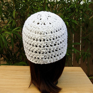 Solid Basic Bright White Summer Beanie, 100% Cotton Lace Skullcap, Women's Crochet Knit Hat, Lightweight Chemo Cap, Ready to Ship in 3 Days 