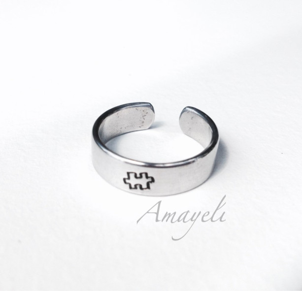 Puzzle piece or choose any stamp simple cuff hand stamped ring autism awareness