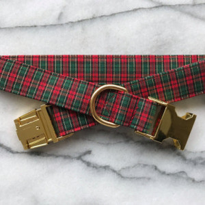 Plaid Christmas/Evergreen Dog Collar with Gold Metal Buckle 