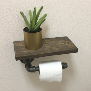 Industrial Steel Pipe Toilet Paper Holder with Rustic Shelf.  Farmhouse Bathroom Paper Roll Dispenser.