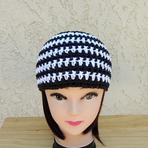 White and Off Black Summer Beanie, Cotton Striped Skull Cap, Women's Men's Crochet Knit Hat, Lightweight Chemo Cap, Ready to Ship in 3 Days