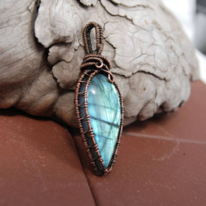 Flashy Labradorite Pendant crafted with pure copper wire - one of a kind piece of wearable art.
