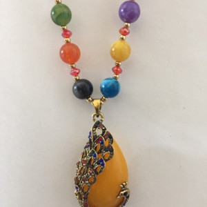 Statement Necklace with Yellow Glass Teardrop Pendant, Colorful Beaded Necklace